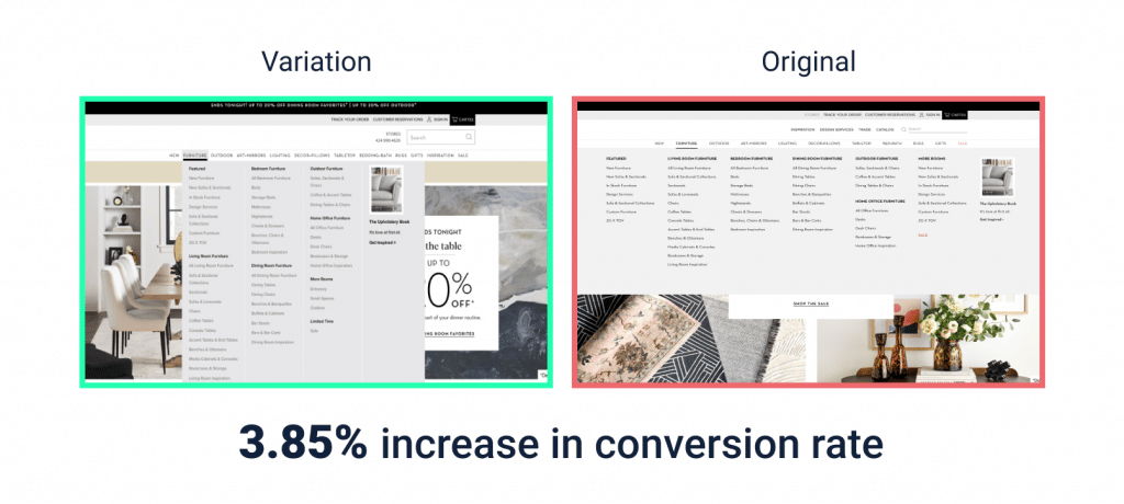 comparison of conversion rate between variation and original page