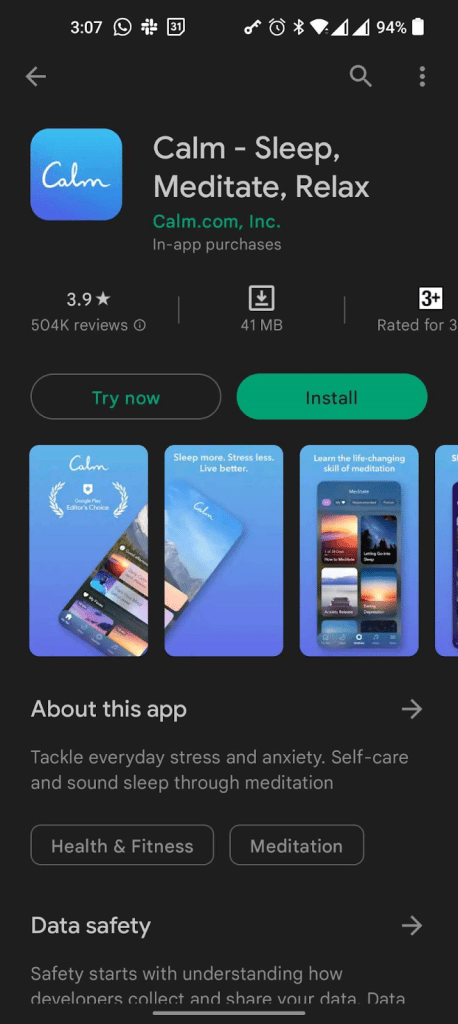 Calm App from the Google Play Store