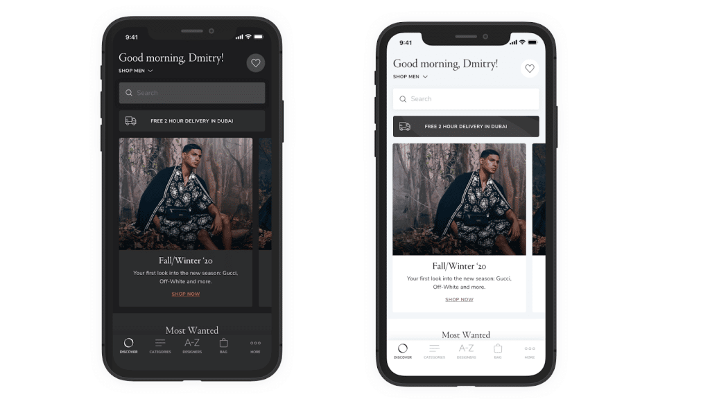 An ecommerce website with both light and dark mode