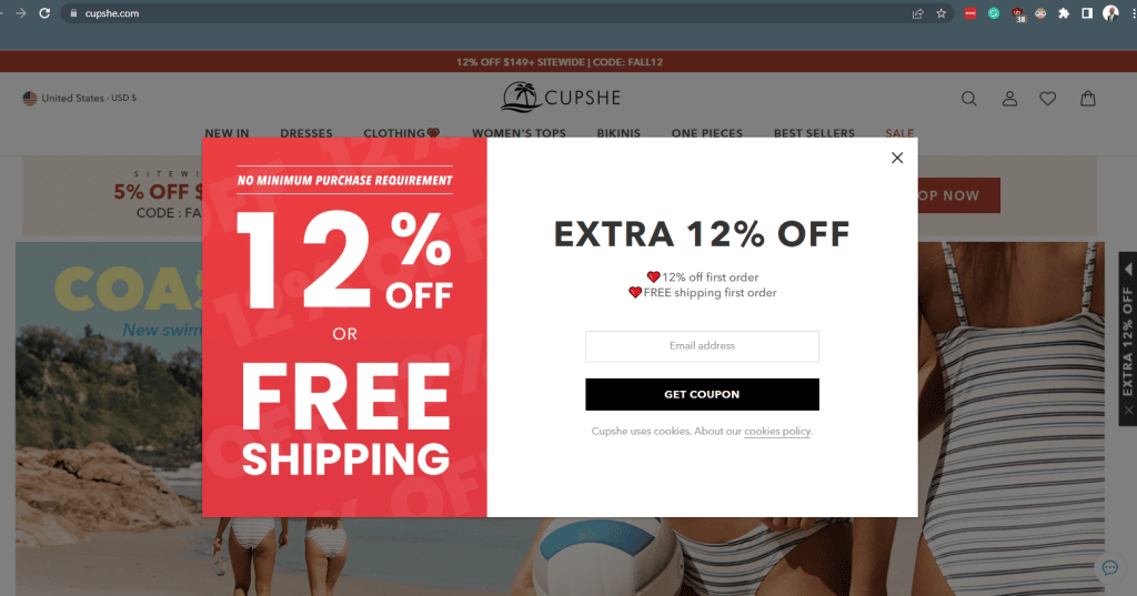 CupShe Free shipping page