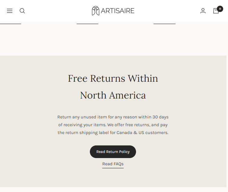 Artisaire Returns Policy Page