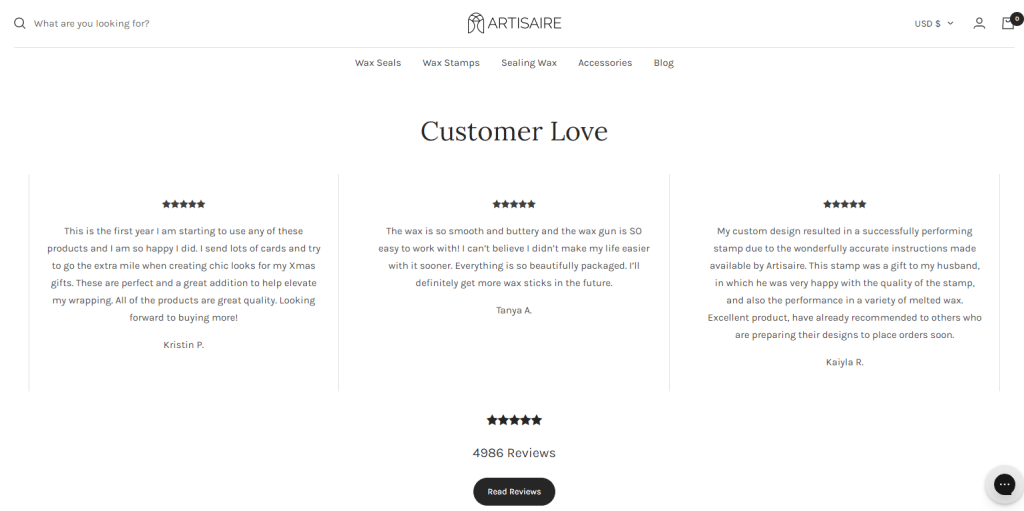 Artisaire Customer Review Section