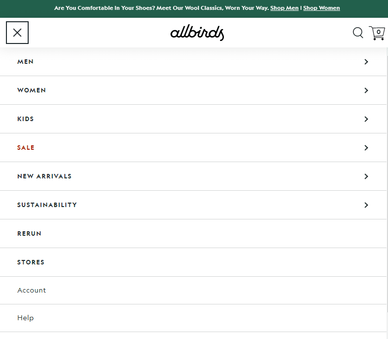 AllBirds Side Navigation