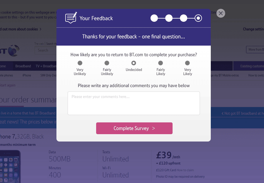 A cart abandonment feedback survey
