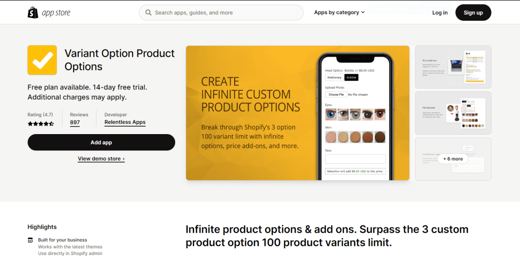 Variant Option Product Options on Shopify Store