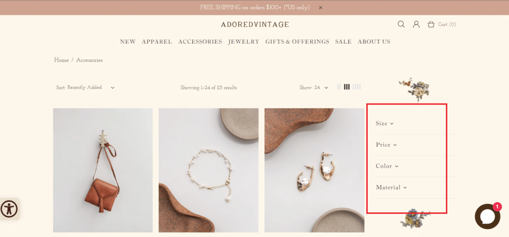 The filter feature on the AdoredVintage website