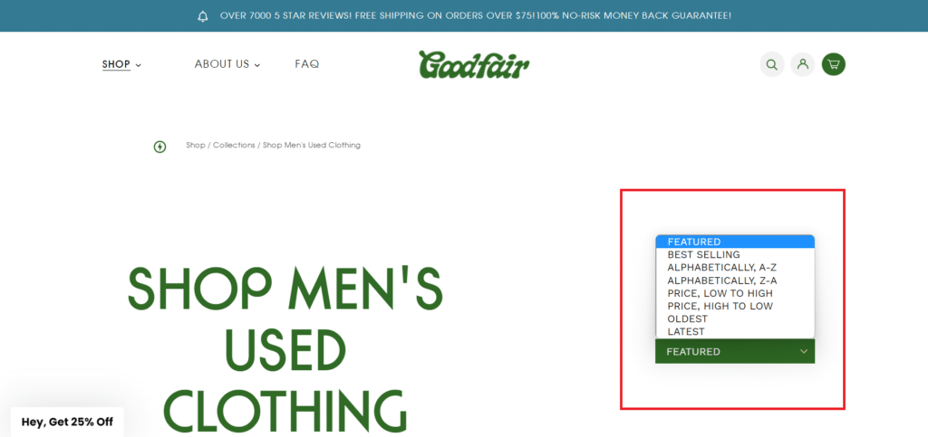 Product Display Order on Goodfair website