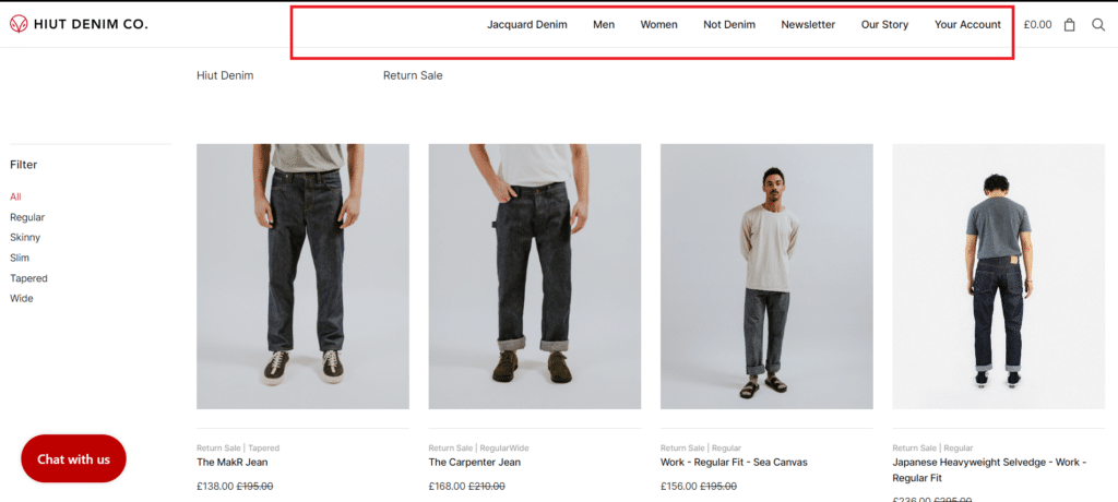 Huit Denim Homepage Navigation