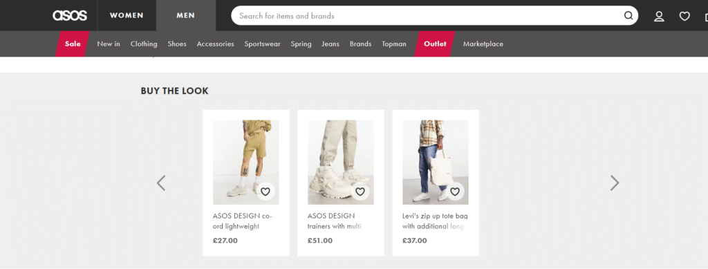 Asos product description page with product cross-selling