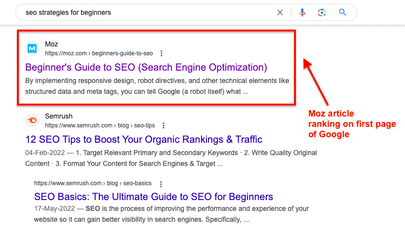 A screenshot showing how MOZ ranks on the first page of SERPs for keywords in their industry