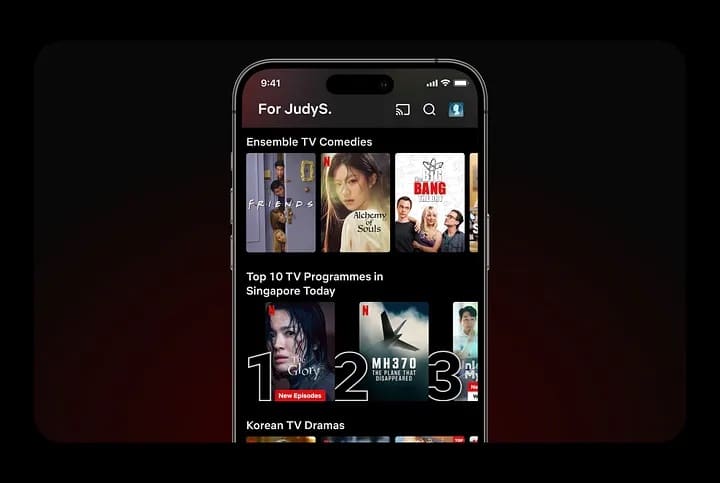 A typical Netflix homepage with a logged in account showing movies and tv shows